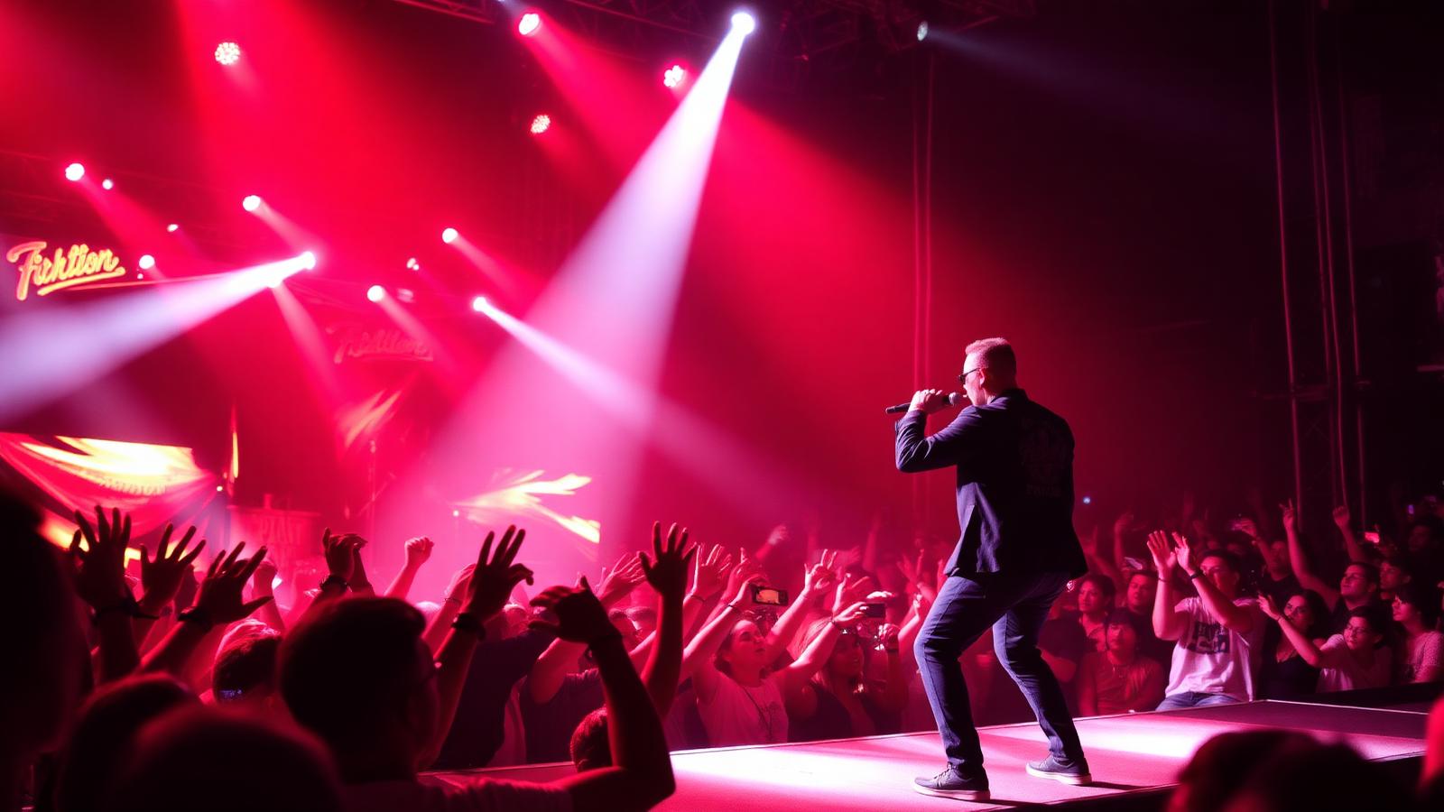 Celebrity performing on stage with an energetic crowd