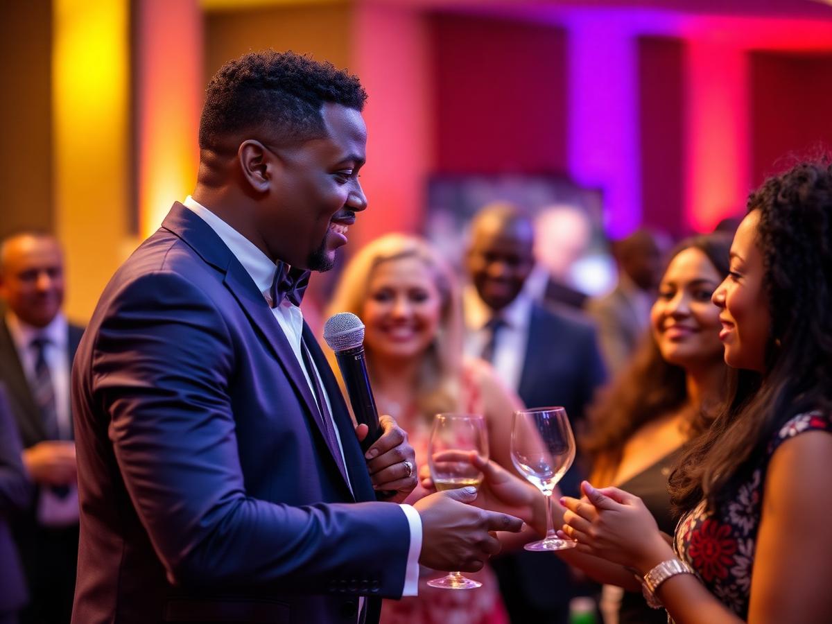 Professional event host engaging guests at a corporate event